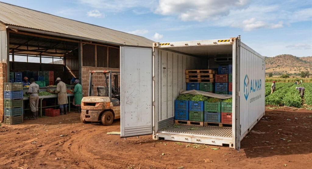 An Almar branded 6m reefer container placed on a Kenyan farm to provide immediate on-site cold storage for export crops.