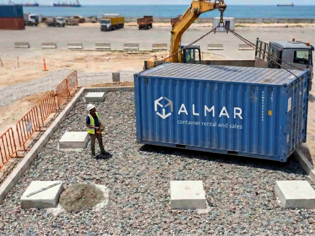 Almar Container Group 20ft blue storage container being placed on-site for secure storage solutions.