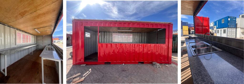 Vibrant red Almar Container Group converted container modified with a service door for a retail shop or canteen kiosk.