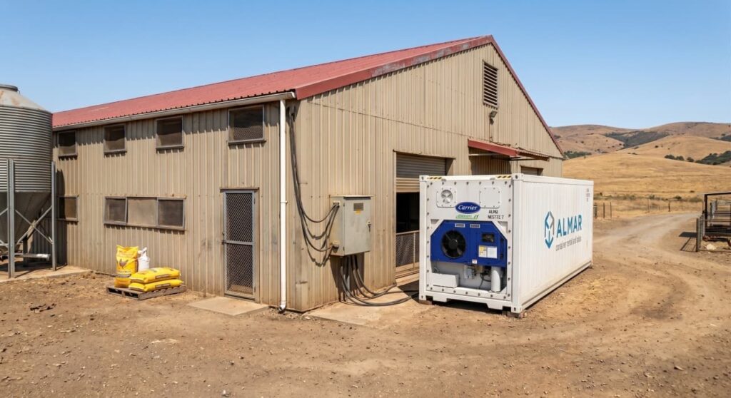 Almar Container Group 20ft refrigerated container reefer unit placed on-site at a farm for agricultural cold storage.