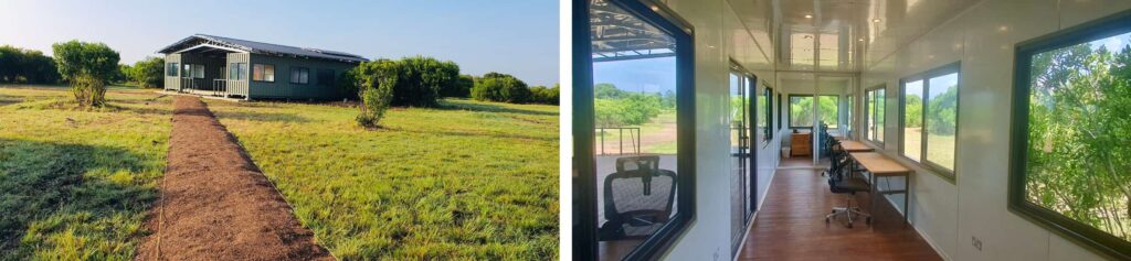 Modern eco-friendly converted container home showing the sleek exterior setup and a bright premium lined interior layout.