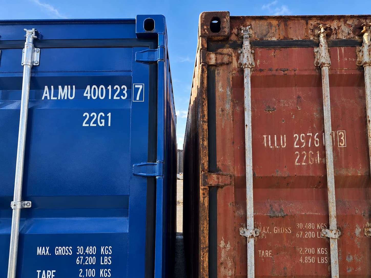 New and used shipping containers side by side showing differences in condition