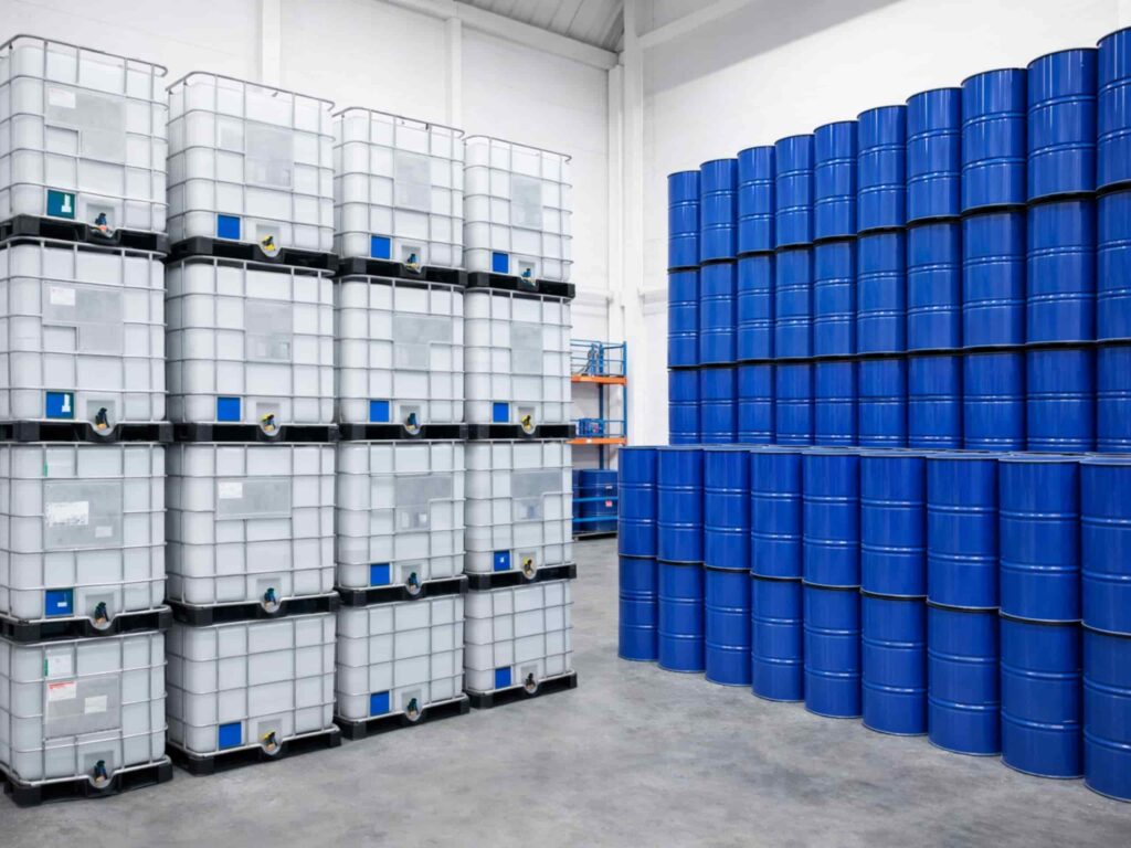 A warehouse filled with stacked blue industrial drums and white IBC containers, representing traditional bulk liquid storage.