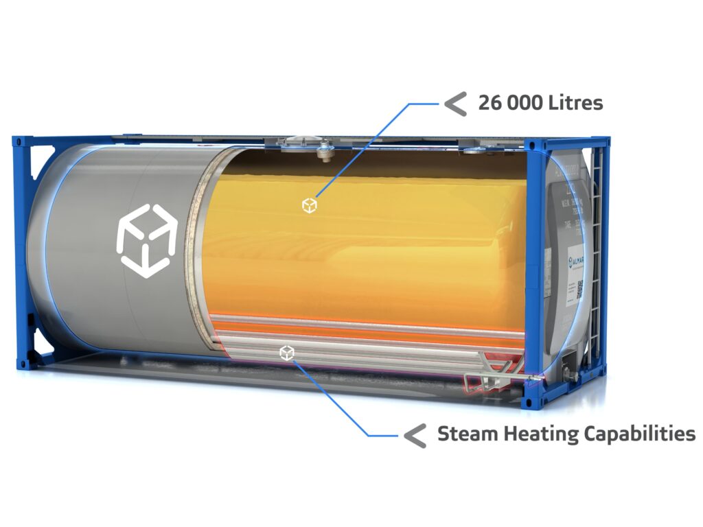 A technical cutaway diagram of an Almar T11 ISO tank showing its 26,000-litre capacity and built-in steam heating channels.