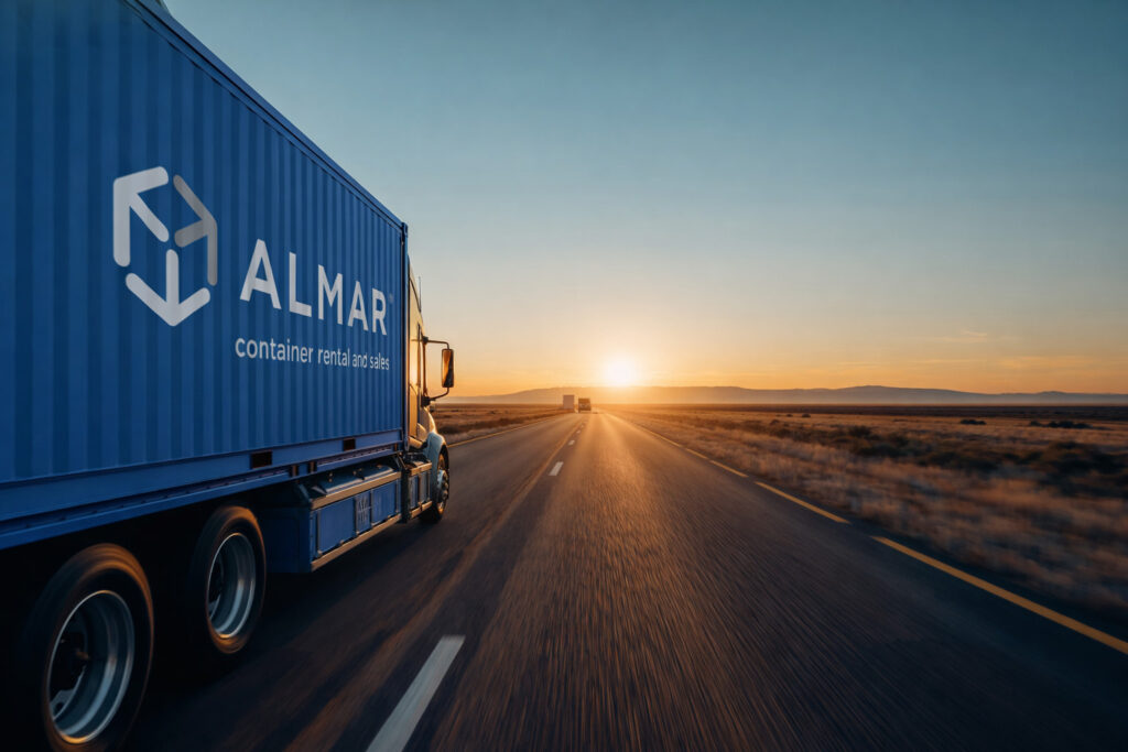 An Almar shipping container on a truck traveling along the Trans-Kalahari Corridor.