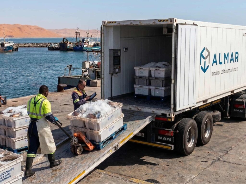 Fresh hake and monkfish being loaded into an Almar Reefer Container at a Namibian harbour jetty for export