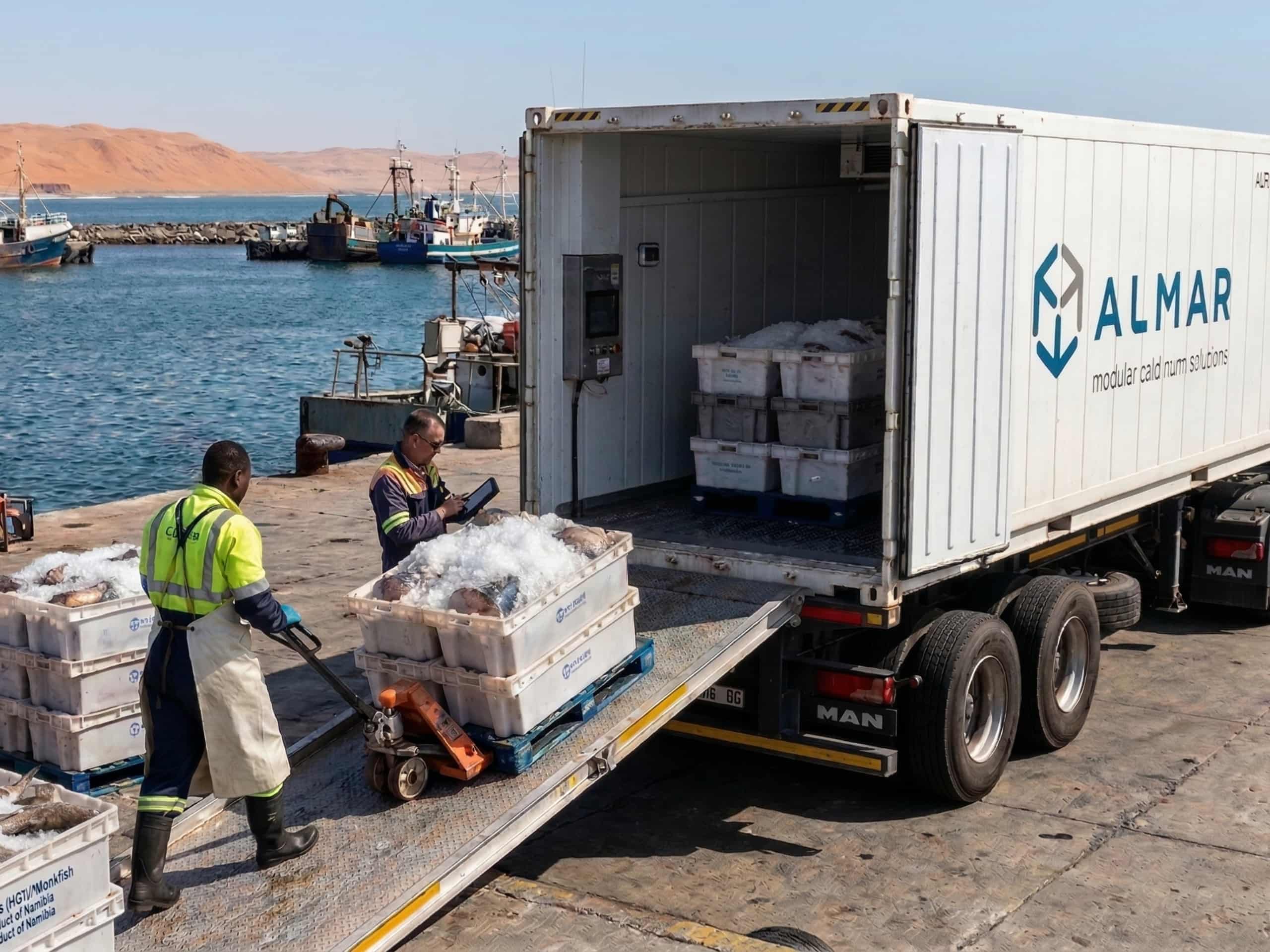 Fresh hake and monkfish being loaded into an Almar Reefer Container at a Namibian harbour jetty for export