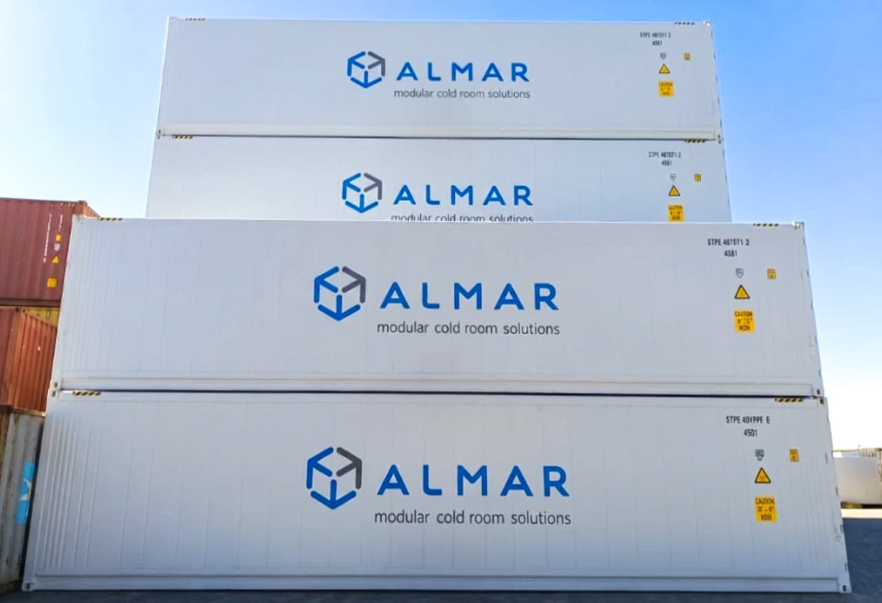 Almar refrigerated containers stacked on-site for cold storage solutions in Namibia.