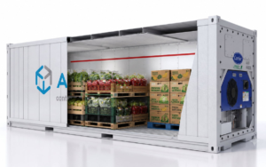 Inside a refrigerated shipping container with fresh produce stored on pallets under temperature-controlled conditions.