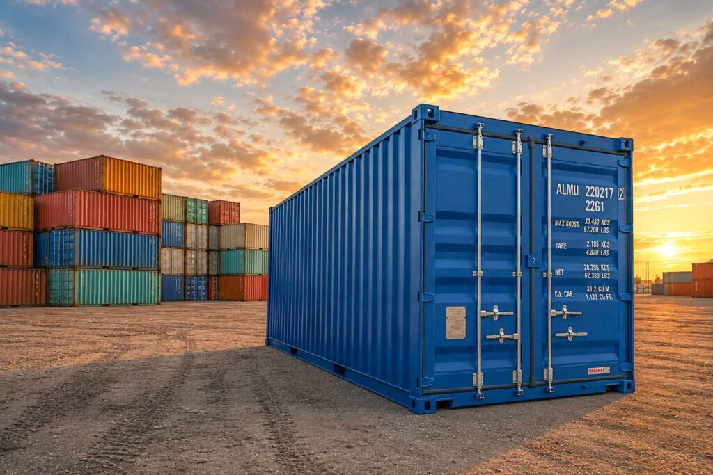 New 20ft shipping container for rent at Almar Namibia depot with colourful shipping containers in the background during sunset.