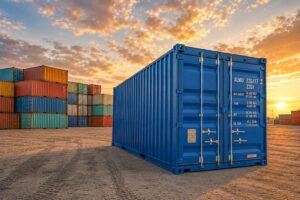 New 20ft shipping container for rent at Almar Namibia depot with colourful shipping containers in the background during sunset.