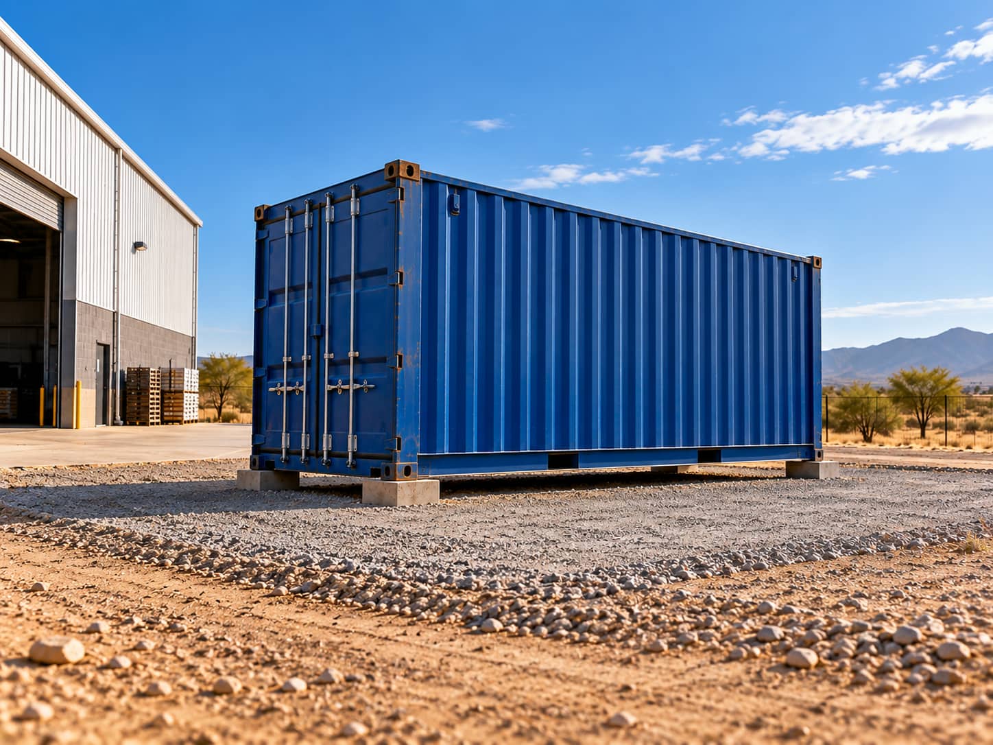 Blue shipping container positioned on a level gravel site beside a building in Namibia