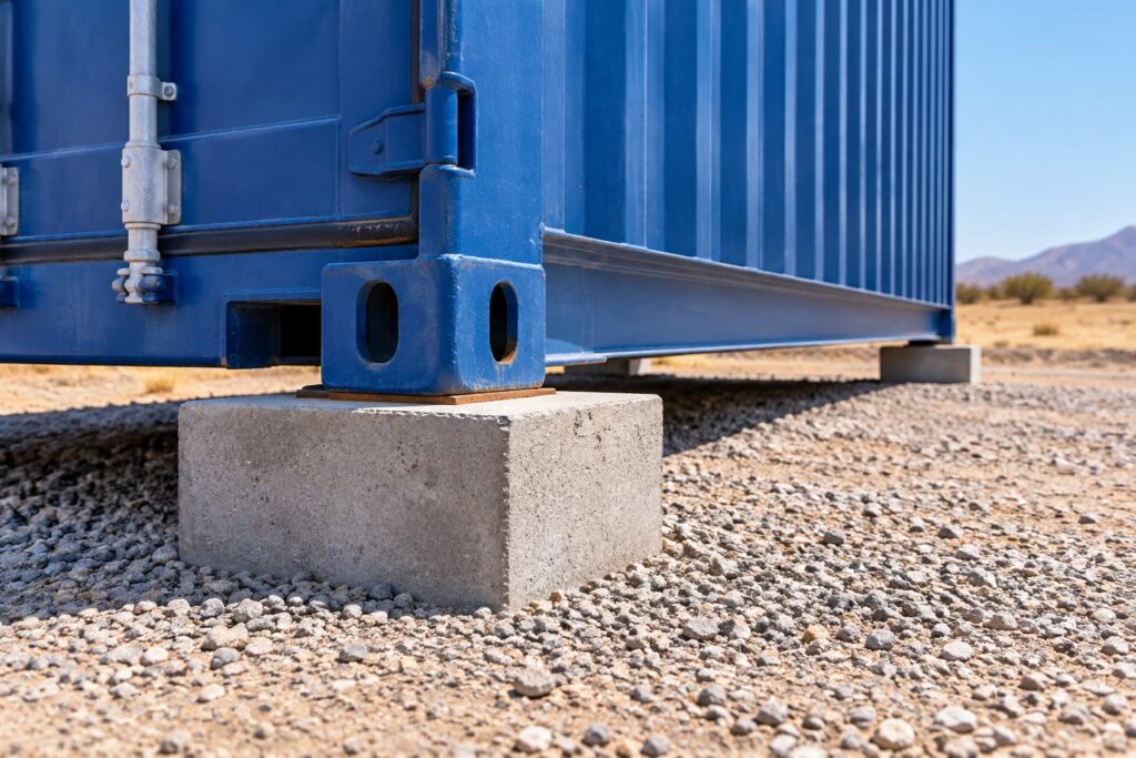 Blue shipping container supported on concrete blocks on a level gravel base