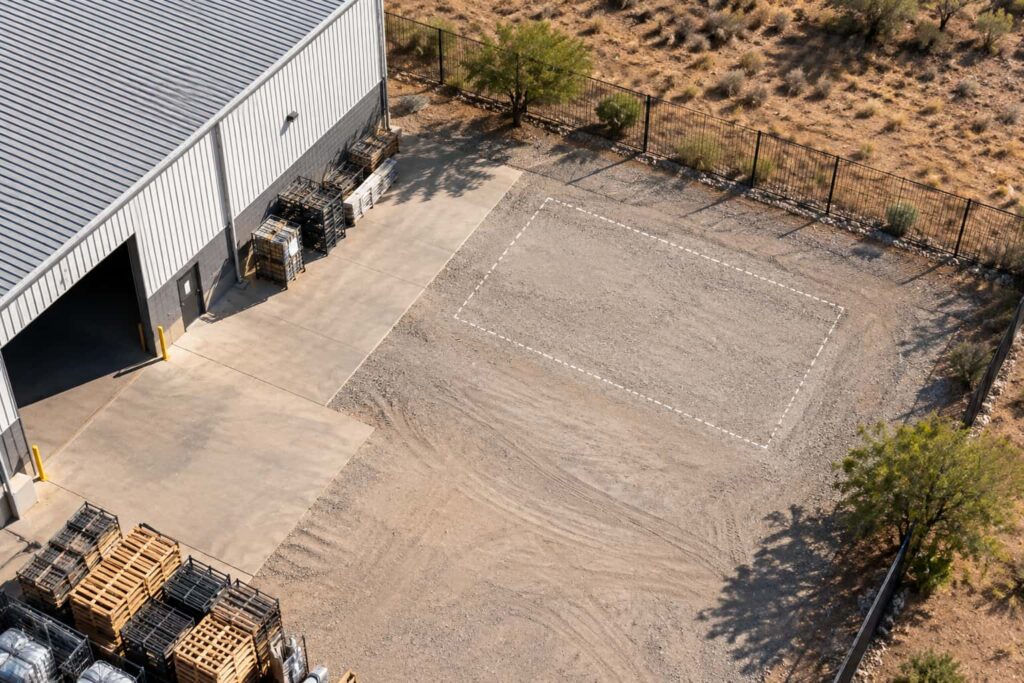 Aerial view of a level open area beside a building suitable for a shipping container