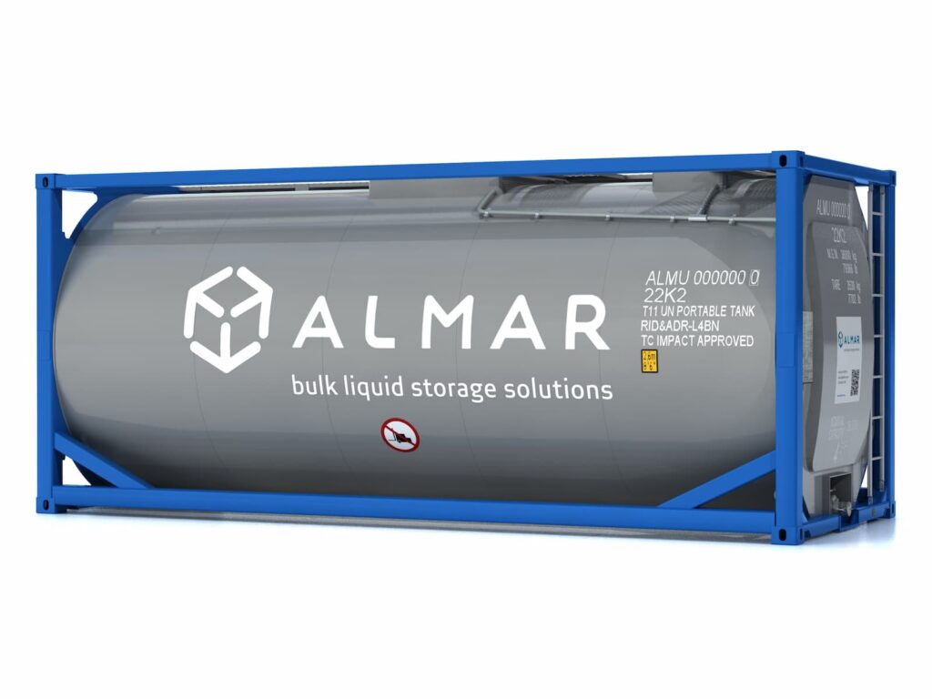 Almar ISO Tank container branded for bulk liquid storage solutions and transport in South Africa