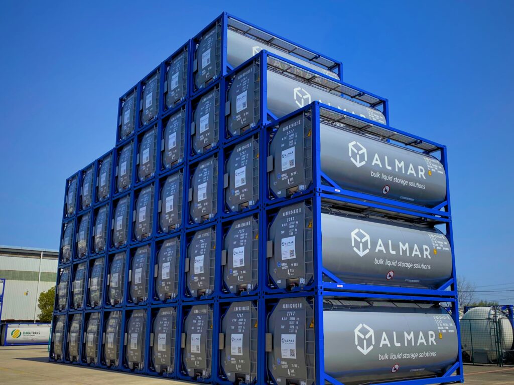 Almar ISO Tank containers stacked for bulk liquid transport and rental in South Africa