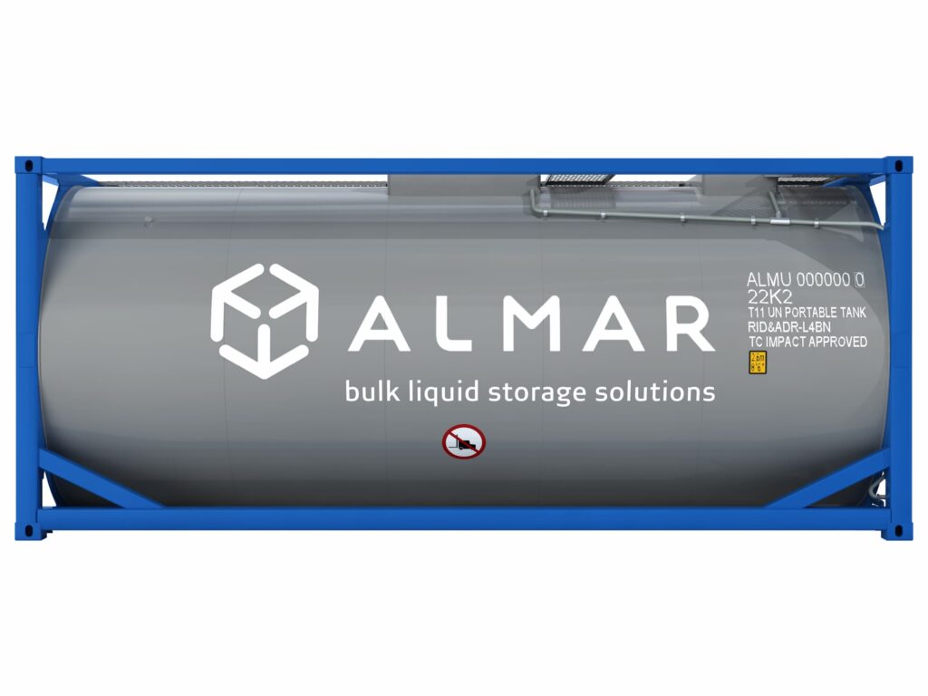 Front view of a certified Almar ISO Tank container showing end frame and identification plates for rental in South Africa