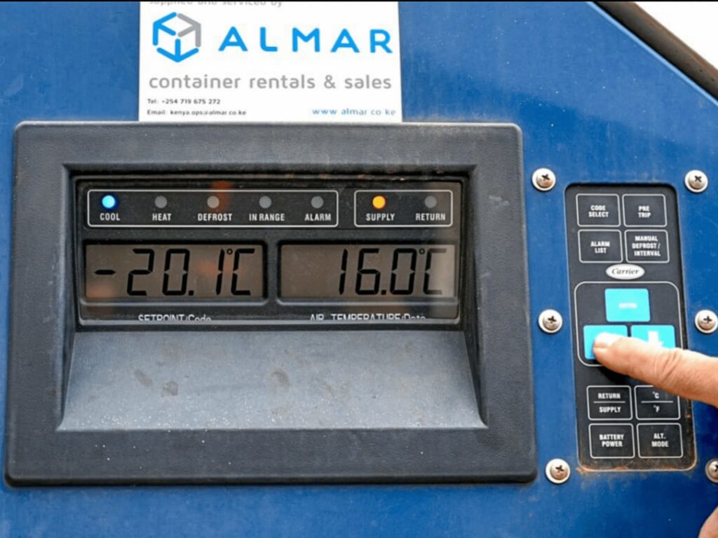 Close-up of a Reefer container control panel showing temperature settings and controls for temperature-sensitive storage in South Africa