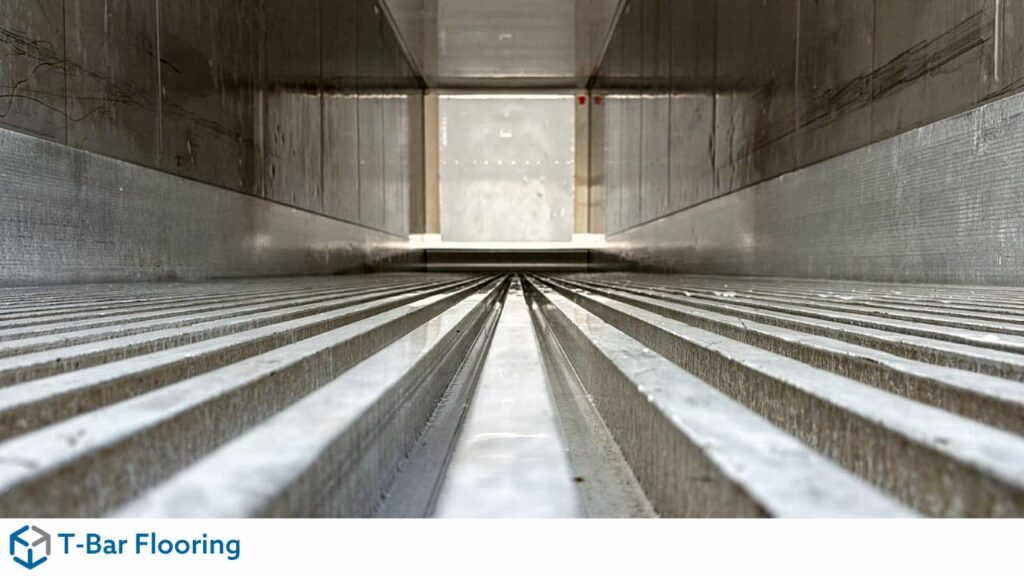 Close-up view of the T-bar aluminum flooring inside an Almar Reefer container, essential for cold air circulation in South Africa