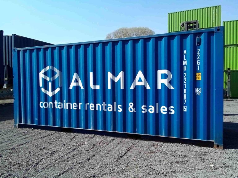 Blue Almar container available for rentals and sales in South Africa, reflecting A or B grade quality