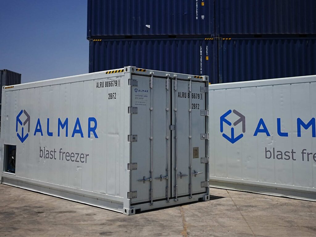 Almar Blast Freezer container next to a Reefer container for cold storage comparison in South Africa