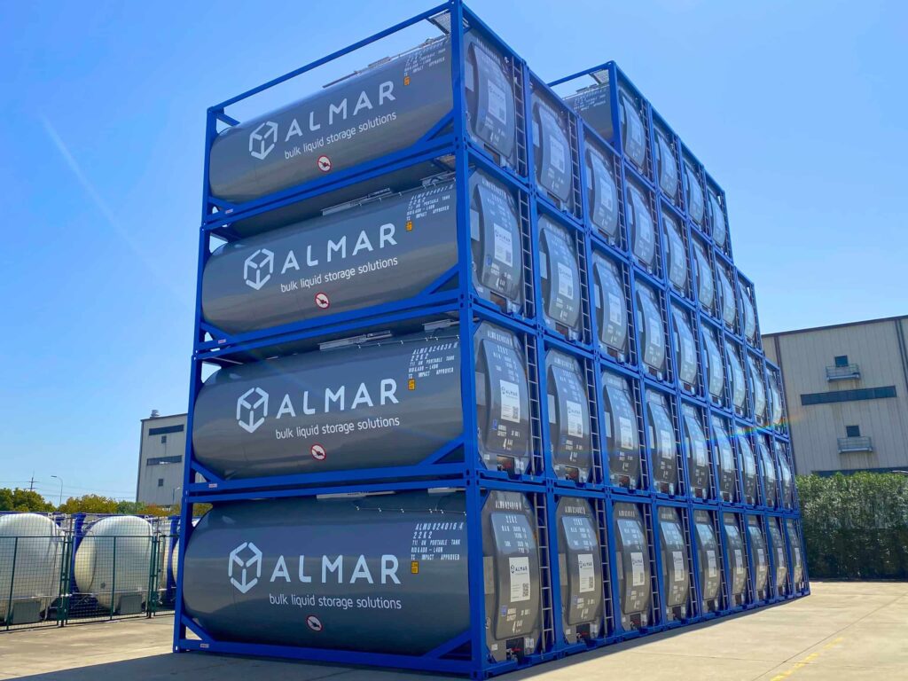 Stack of Almar ISO Tank containers, highlighting the environmental benefits over traditional drums for bulk liquid storage in South Africa