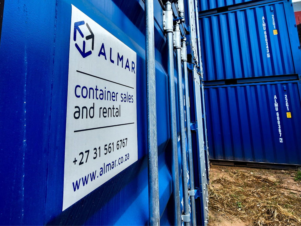 Blue Almar Shipping container in stack view from the side