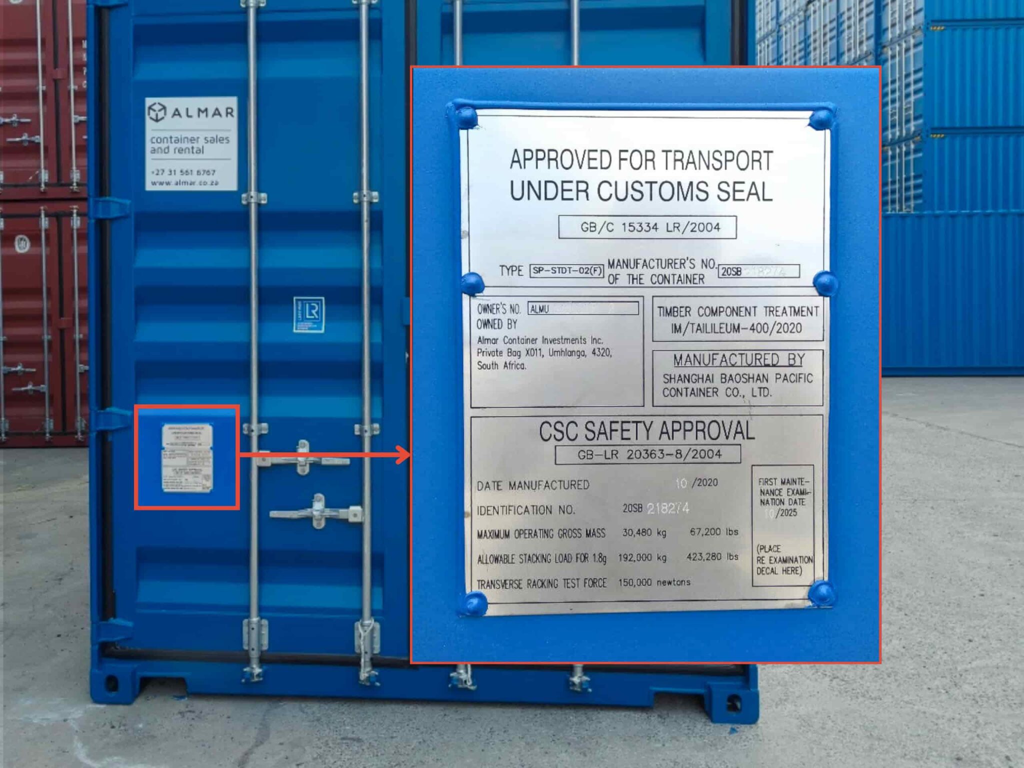 Close-up view of a shipping container's CSC safety approval plate showing gross mass and stacking load details in South Africa