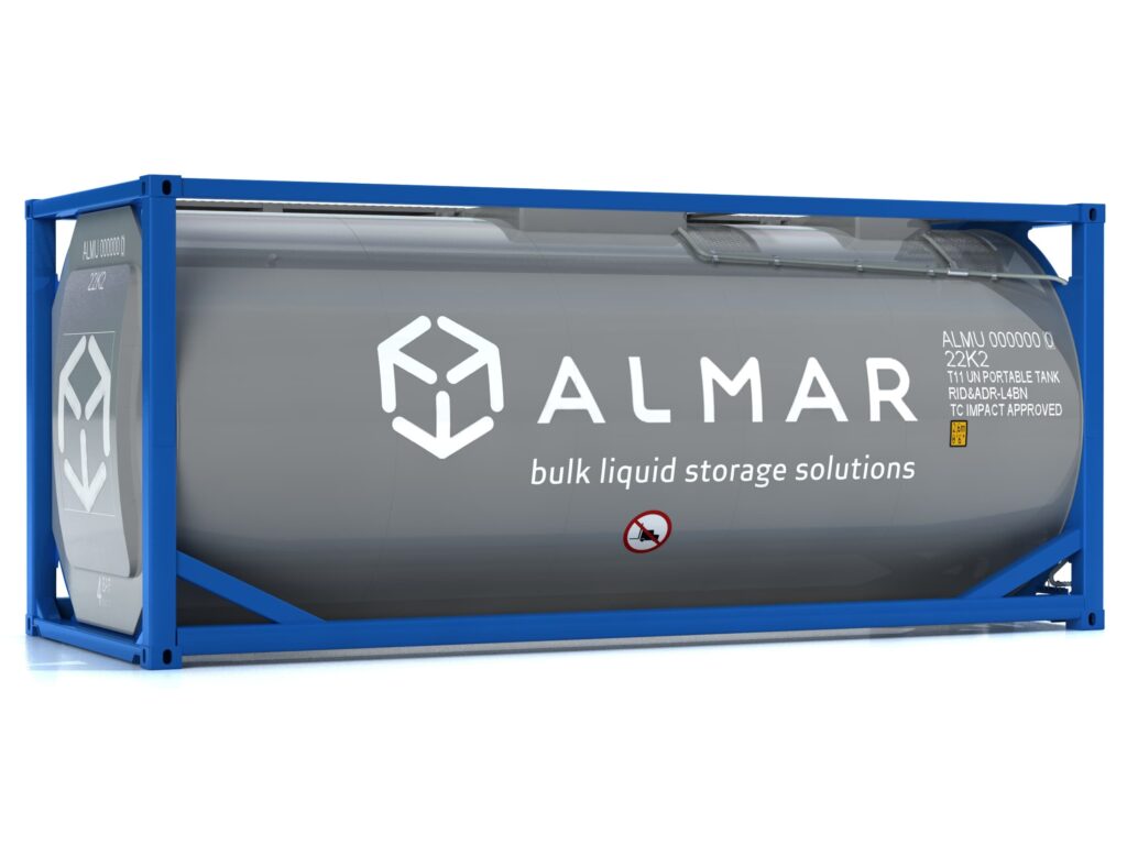 Almar Container Group T11 ISO tank container with blue frame for bulk liquid storage and chemical transport solutions