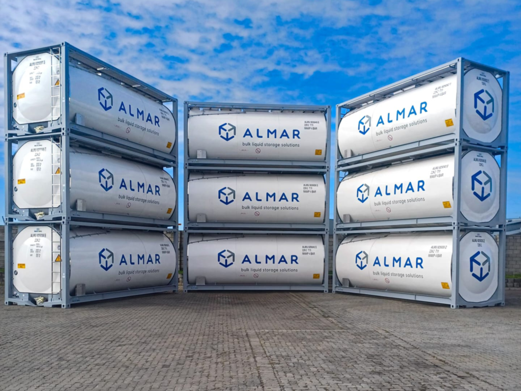 White T11 ISO tanks for bulk liquid storage by Almar Container Group.