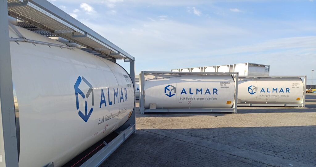 Close-up of a white T11 ISO tank for bulk liquid storage by Almar Container Group.