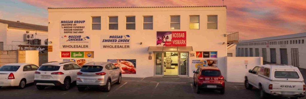 Front entrance of Nossab Fisheries seafood processing facility in Velddrif, Western Cape, South Africa