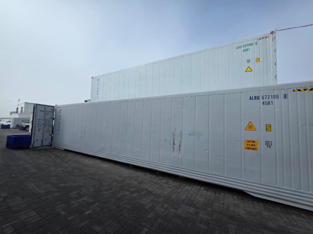 40ft Almar refrigerated container providing temperature-controlled seafood storage at Nossab Fisheries in Velddrif