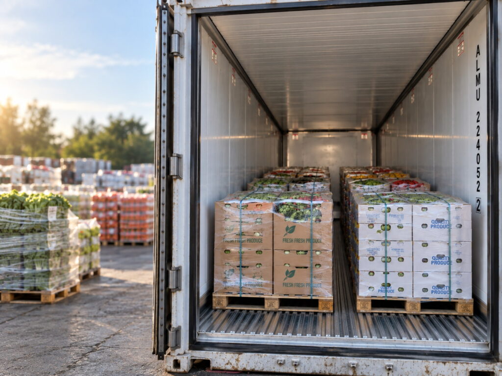 Fresh produce stored on pallets inside a refrigerated container